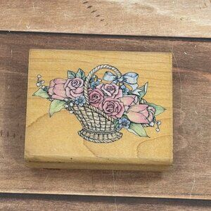 RUBBER STAMPEDE A803E ROMANTIC FLOWER BASKET WOOD MOUNTED RUBBER STAMP